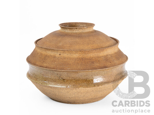 John Neely, (20th Century, American, 1953-2025), Original Wood-Fired Flanged Stoneware Vessel with Ash-Flashed Lid and Olive Glaze (circa early 2000s), 20H cm (approx)
