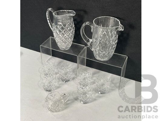 Nine Piece Diamond Pattern Crystal Pitcher and Cups Set