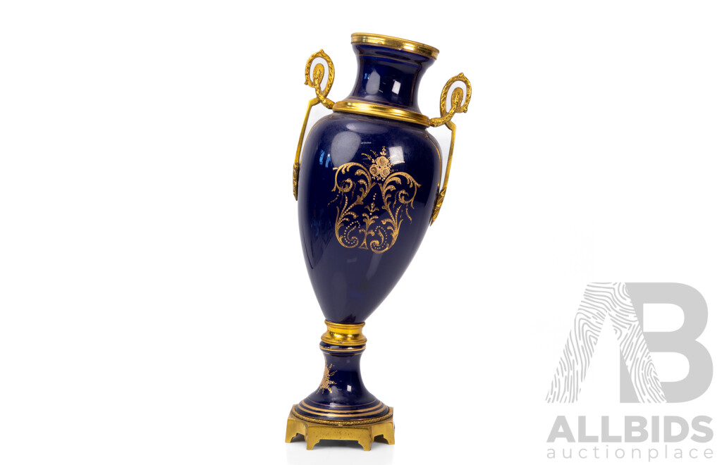Vintage Sevres-style Cobalt Blue and Gilt Metal Mounted Pedestal Vase