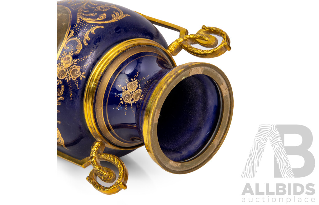 Vintage Sevres-style Cobalt Blue and Gilt Metal Mounted Pedestal Vase