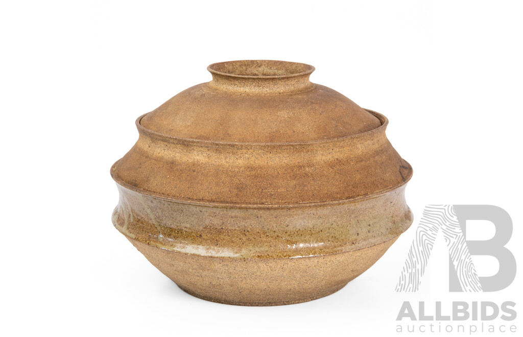 John Neely, (20th Century, American, 1953-2025), Original Wood-Fired Flanged Stoneware Vessel with Ash-Flashed Lid and Olive Glaze (circa early 2000s), 20H cm (approx)