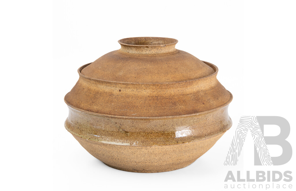 John Neely, (20th Century, American, 1953-2025), Original Wood-Fired Flanged Stoneware Vessel with Ash-Flashed Lid and Olive Glaze (circa early 2000s), 20H cm (approx)