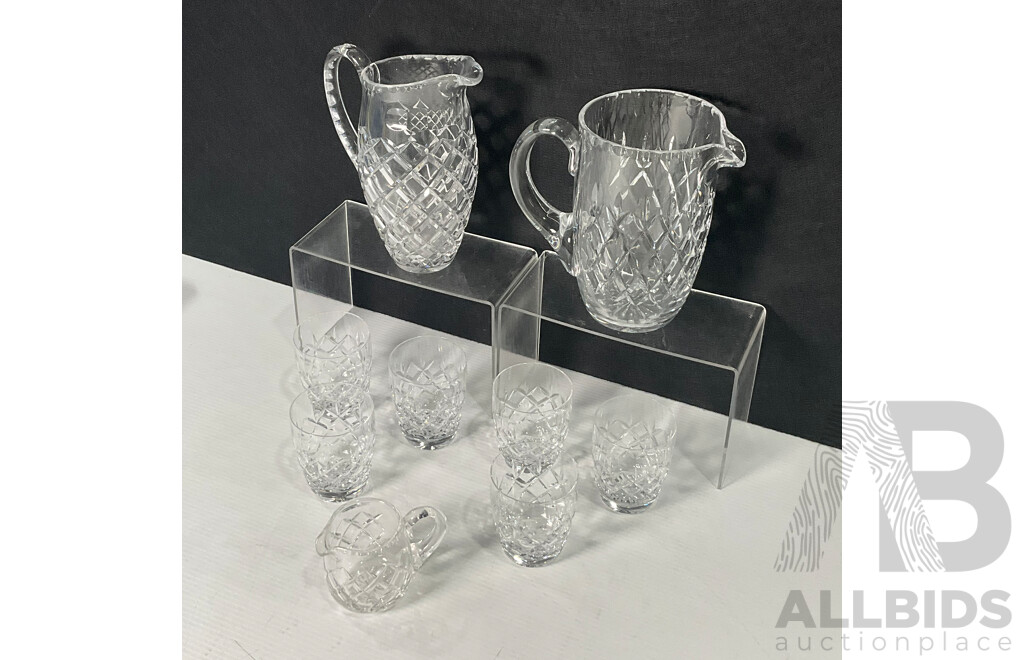 Nine Piece Diamond Pattern Crystal Pitcher and Cups Set
