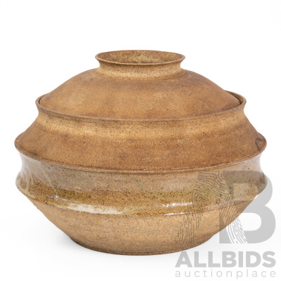John Neely, (20th Century, American, 1953-2025), Original Wood-Fired Flanged Stoneware Vessel with Ash-Flashed Lid and Olive Glaze (circa early 2000s), 20H cm (approx)