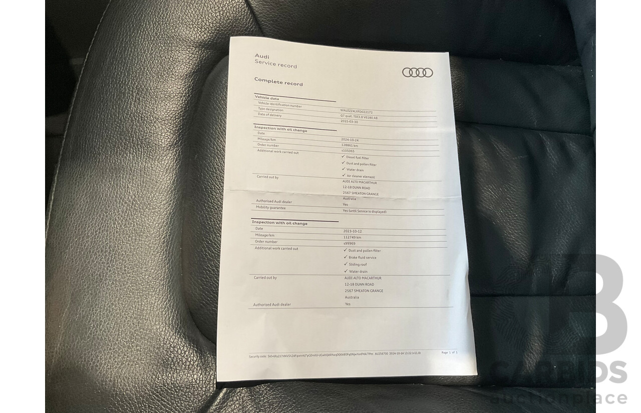 03/2015 Audi Q7 3.0 TDI Quattro AWD MY15 4d Wagon Ocra Black Metallic Turbo Diesel 3.0L