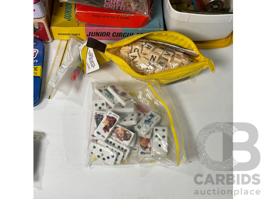 Collection of Vintage Board Games Including Critters, Crossword Cubes, Fishing Game, Housie, Junior Circular, Uno, Dominos, Checkers and More