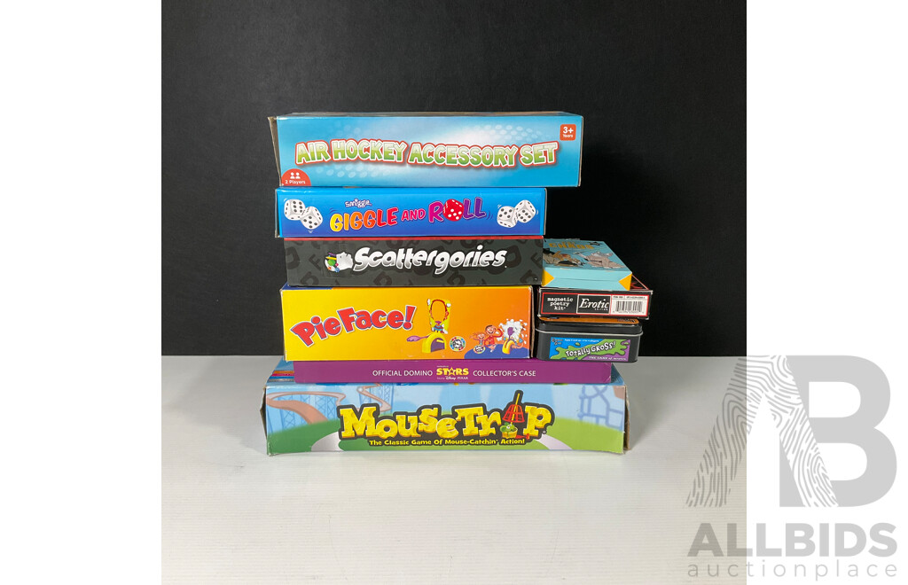 Collection of Vintage Board Games Including Scattergories, Giggle and Roll, Mousetrap, Pie Face, Domino Stars Collector Case, Air Hockey and More