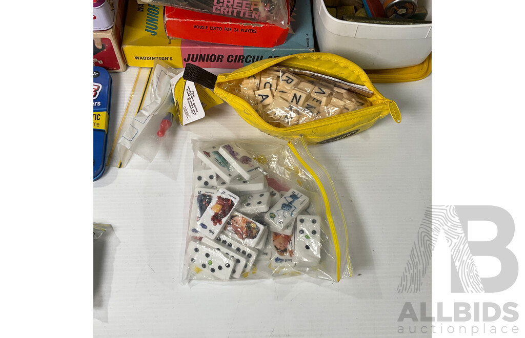Collection of Vintage Board Games Including Critters, Crossword Cubes, Fishing Game, Housie, Junior Circular, Uno, Dominos, Checkers and More