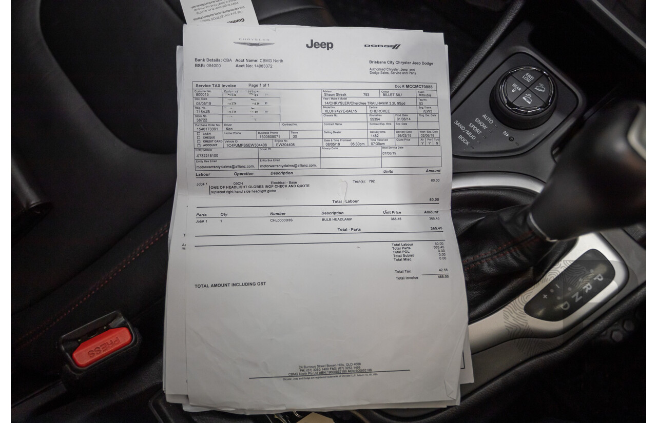 08/2014 Jeep Cherokee Trailhawk (4x4) KL 4D Wagon Billet Silver Metallic 3.2L