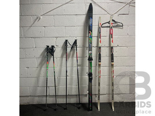 ASSORTED ATOMIC Down Hill Skis - PELTONEN Cross-country - with 2 Sets Ski Poles - Lot of 2