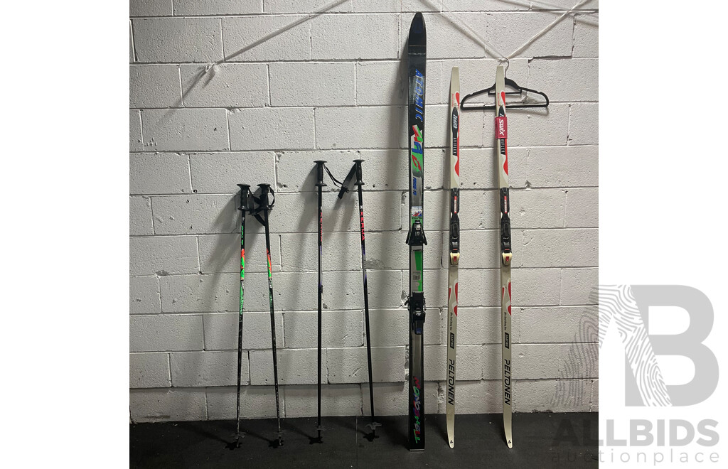 ASSORTED ATOMIC Down Hill Skis - PELTONEN Cross-country - with 2 Sets Ski Poles - Lot of 2