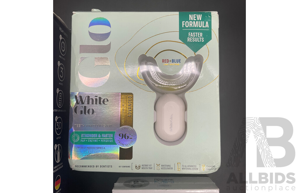 BRAUN Oral-B Pro 1500X Electric Toothbrush, WHITE GLO Advanced Teeth Whitening Kit, PIKSTERS HydroPik Mini Water Flosser and SENDOSDYNE Toothpaste - Lot of 4