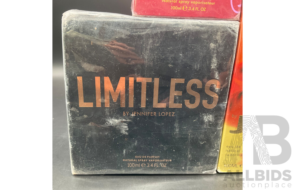 JENNIFER LOPEZ Limitless 100ml Eau De Parfum, Live 100ml Eau De Parfum and Miami Glow 100ml Eau De Toilette - Lot 3