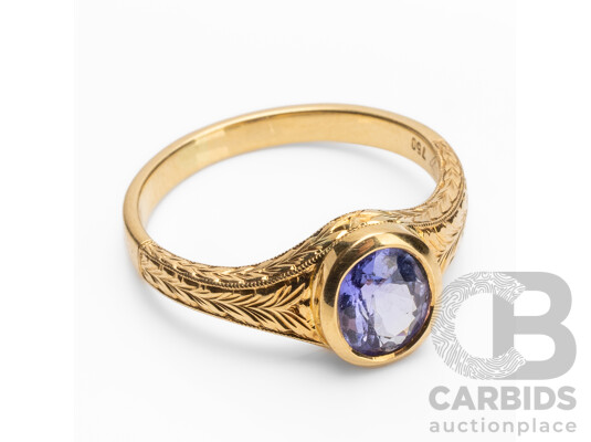 Vintage Inspired 18ct Yellow Gold & Tanzanite Solitaire Ring - Size Q