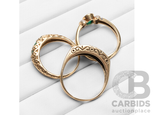 Vintage 9ct Yellow Gold & Emeralds Rings - Lot of 3