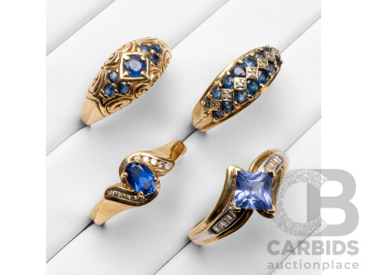 9ct Yellow Gold Sapphire & Diamond Rings - Lot of 4