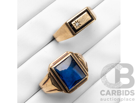 Vintage 9ct Yellow Gold Signet Rings with Diamond, Onyx & Created Sapphire - 9.84gms