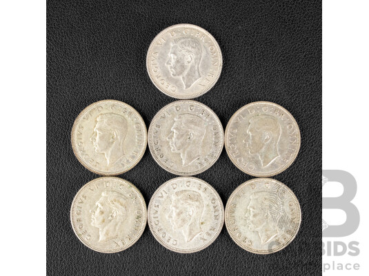 Seven Great Britain KGVI Silver Two Shillings Coins, 1939, 1940, 1941, 1942, 1943, 1944, 1945 .500