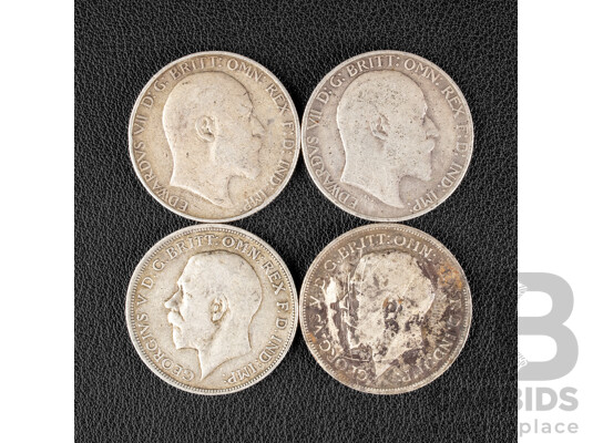 Four Great Britain KGVI Silver Two Shillings Coins, KEVII 190?, 190?, KGV 1916, 1917 .925