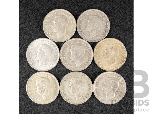 Eight Great Britain KGVI Silver Half Crowns, 1939, 1940, 1941, 1942, 1943, 1944, 1945, 1946 .500