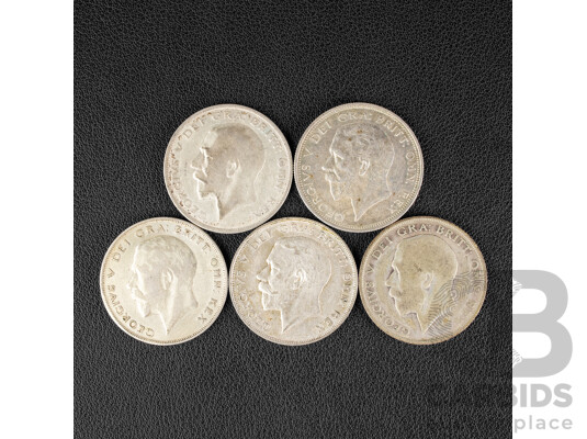 Five Great Britain KGV Silver Half Crowns, 1922, 1923, 1924, 1925, 1926 .500