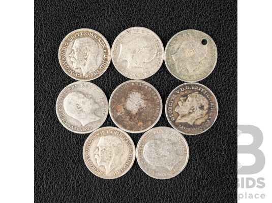 Eight Great Britain Silver Threepence Spanning 1854 to 1919 .925