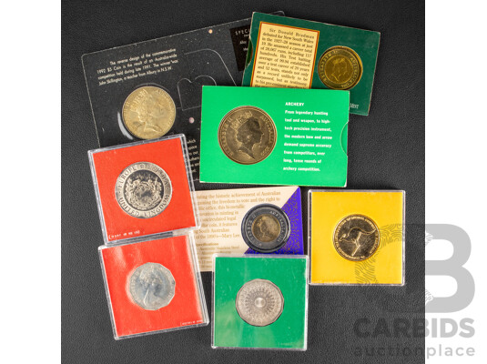 Four Australian Five Dollar Coins, Including 1992 International Year of Space, 1994 Women's Enfranchisement, 1996 Bradman, 2000 Olympics - Archery, 1977 Jubilee and 1981 Charles and Diana Fifty Cent Coins