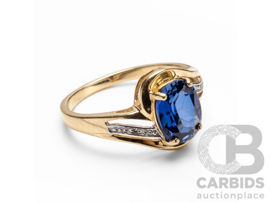 9ct Yellow Gold Sapphire & Diamonds Dress Ring - Size Q