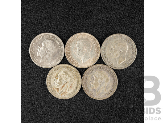Five Great Britain Silver Shillings Including 1933, 1934, 1937, 1938, 1940 .500