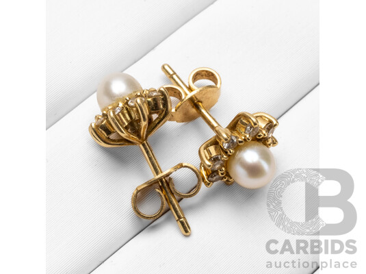 Vintage 14ct Yellow Gold, Pearl & Diamond Studs - 2.76gms