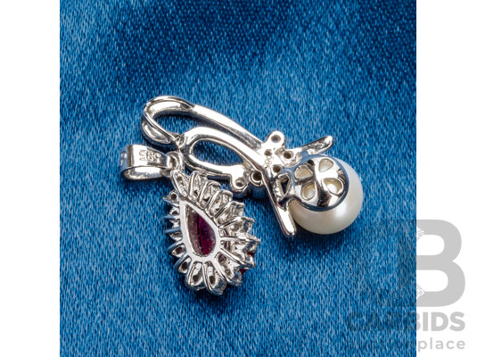 14ct White Gold Diamonds, Ruby, Sapphires & Pearl Pendants - Lot of 2
