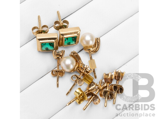 Collection of 9ct Yellow Gold Diamond, Pearl & Created Emerald Earrings - Lot of 5