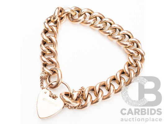 Vintage 9ct Rose Gold Large Curb Link Bracelet with Heart Clasp - 44.5gms