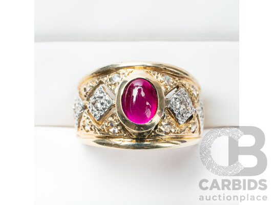 Vintage 14ct Yellow Gold Ruby & Cubic Zirconia Ring - Size O