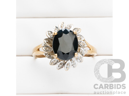 9ct Yellow Gold, Sapphire & Diamonds Dress Ring - Size U.5