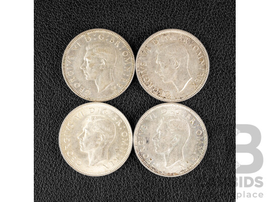 Four Great Britain KGVI Silver Shillings, 1938, 1939, 1942, 1946  .500