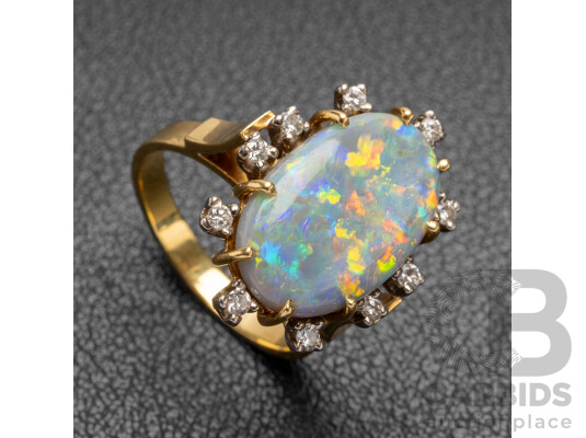 18ct Yellow Gold Opal & Diamonds Dress Ring - Size M