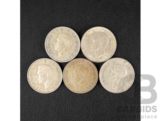 Five Great Britain KGVI Silver Two Shillings Coins, 1942, 1943, 1944, 1945, 1946  .500