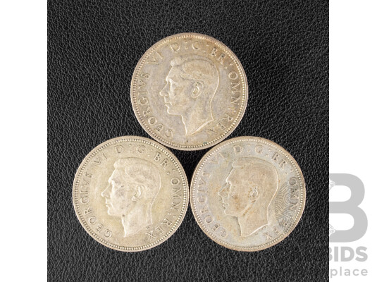 Three Great Britain KGVI Silver Two Shillings Coins, 1937, 1938, 1939  .500