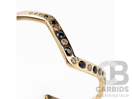 Handmade 9ct Yellow Gold Open Cuff Bangle with Diamonds & Sapphires - 19.99g