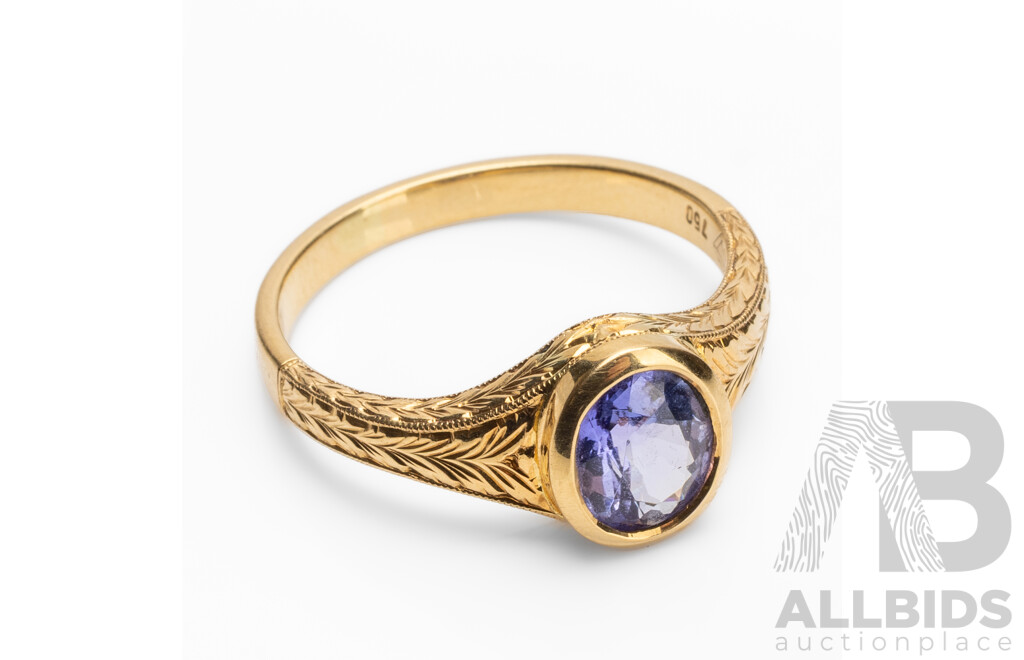 Vintage Inspired 18ct Yellow Gold & Tanzanite Solitaire Ring - Size Q
