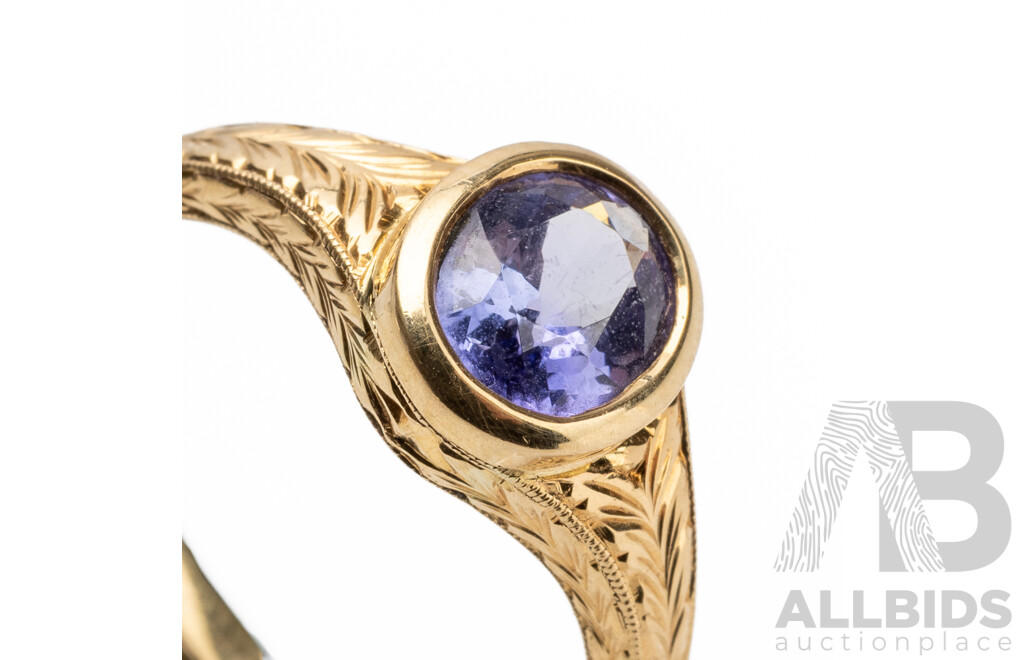 Vintage Inspired 18ct Yellow Gold & Tanzanite Solitaire Ring - Size Q