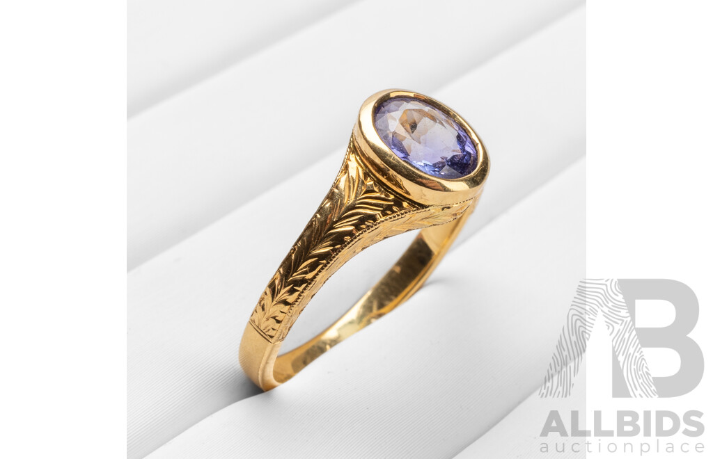 Vintage Inspired 18ct Yellow Gold & Tanzanite Solitaire Ring - Size Q