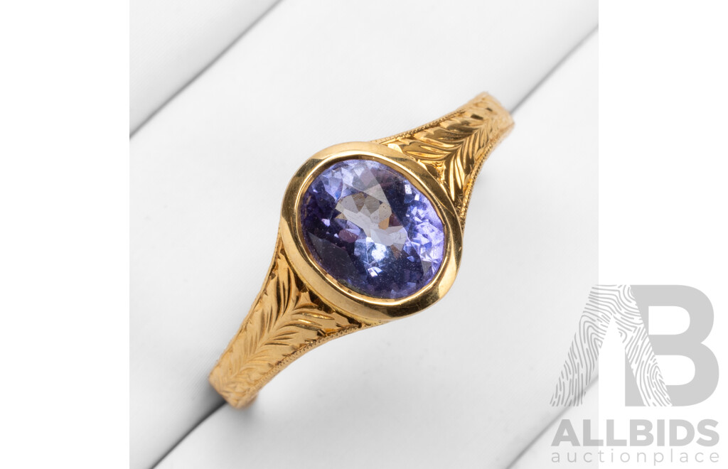 Vintage Inspired 18ct Yellow Gold & Tanzanite Solitaire Ring - Size Q