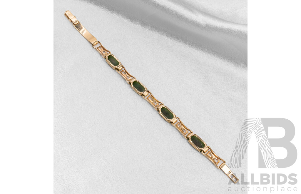 Vintage 9ct Yellow Gold Fancy Link Nephrite Jade Bracelet. Length - 20.5cms