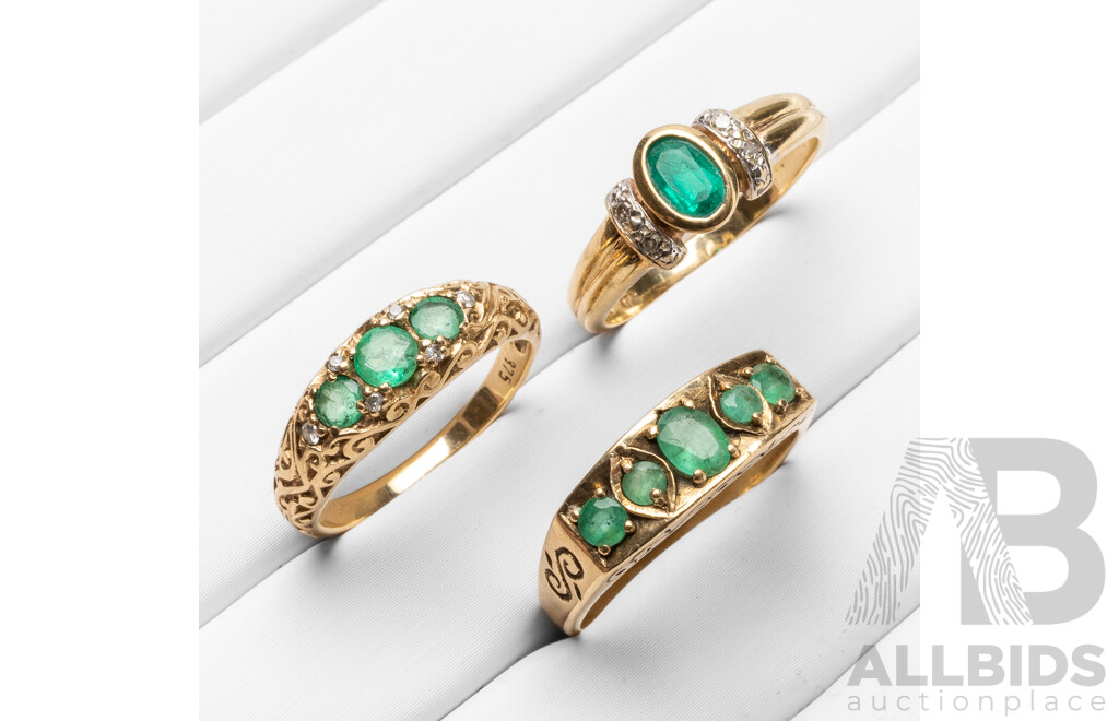 Vintage 9ct Yellow Gold & Emeralds Rings - Lot of 3