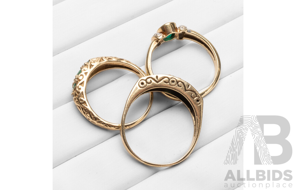 Vintage 9ct Yellow Gold & Emeralds Rings - Lot of 3