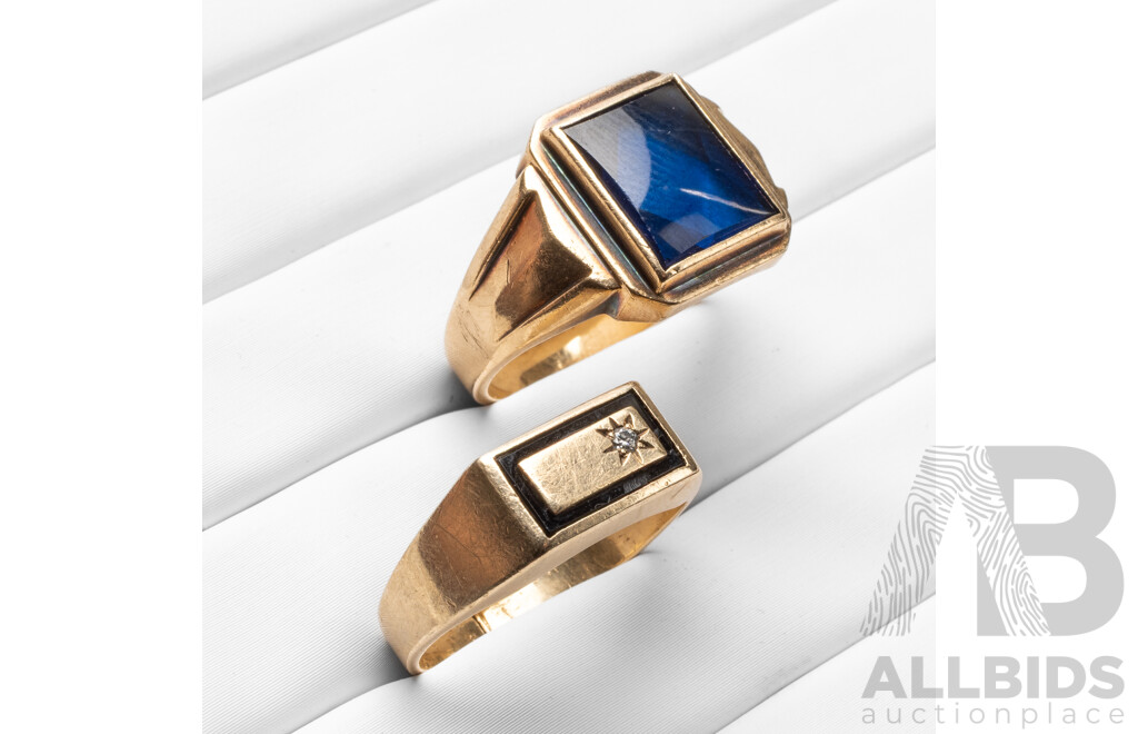 Vintage 9ct Yellow Gold Signet Rings with Diamond, Onyx & Created Sapphire - 9.84gms