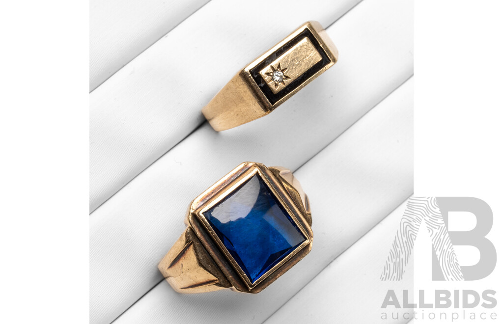 Vintage 9ct Yellow Gold Signet Rings with Diamond, Onyx & Created Sapphire - 9.84gms