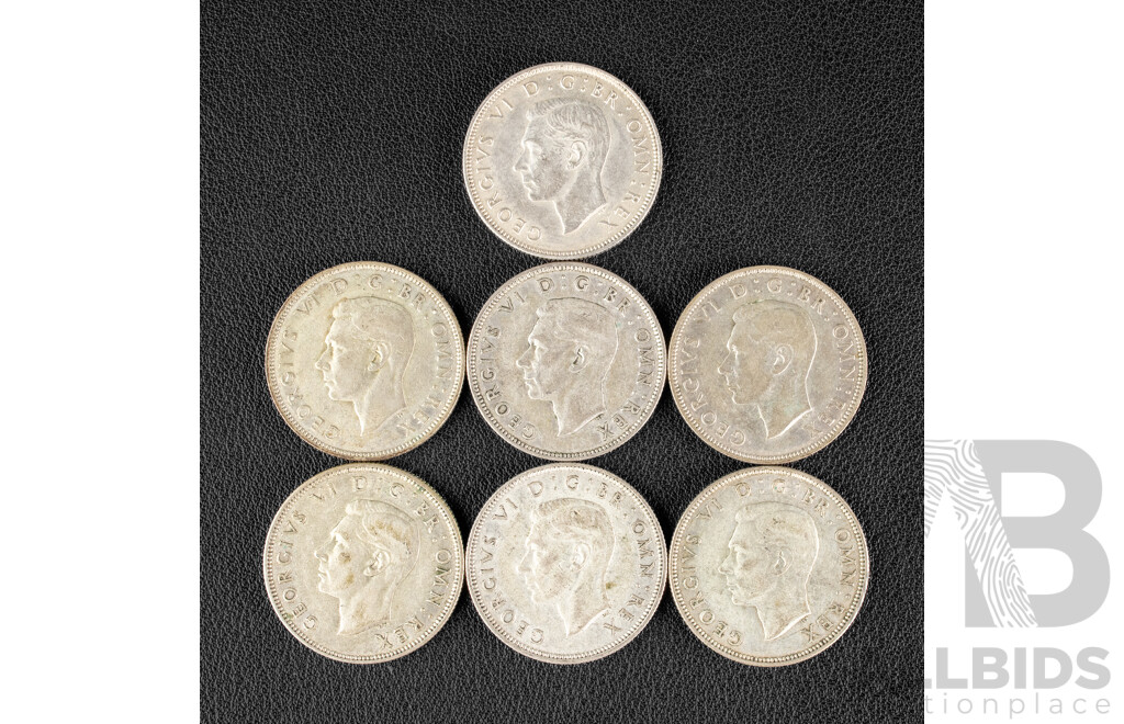 Seven Great Britain KGVI Silver Two Shillings Coins, 1939, 1940, 1941, 1942, 1943, 1944, 1945 .500